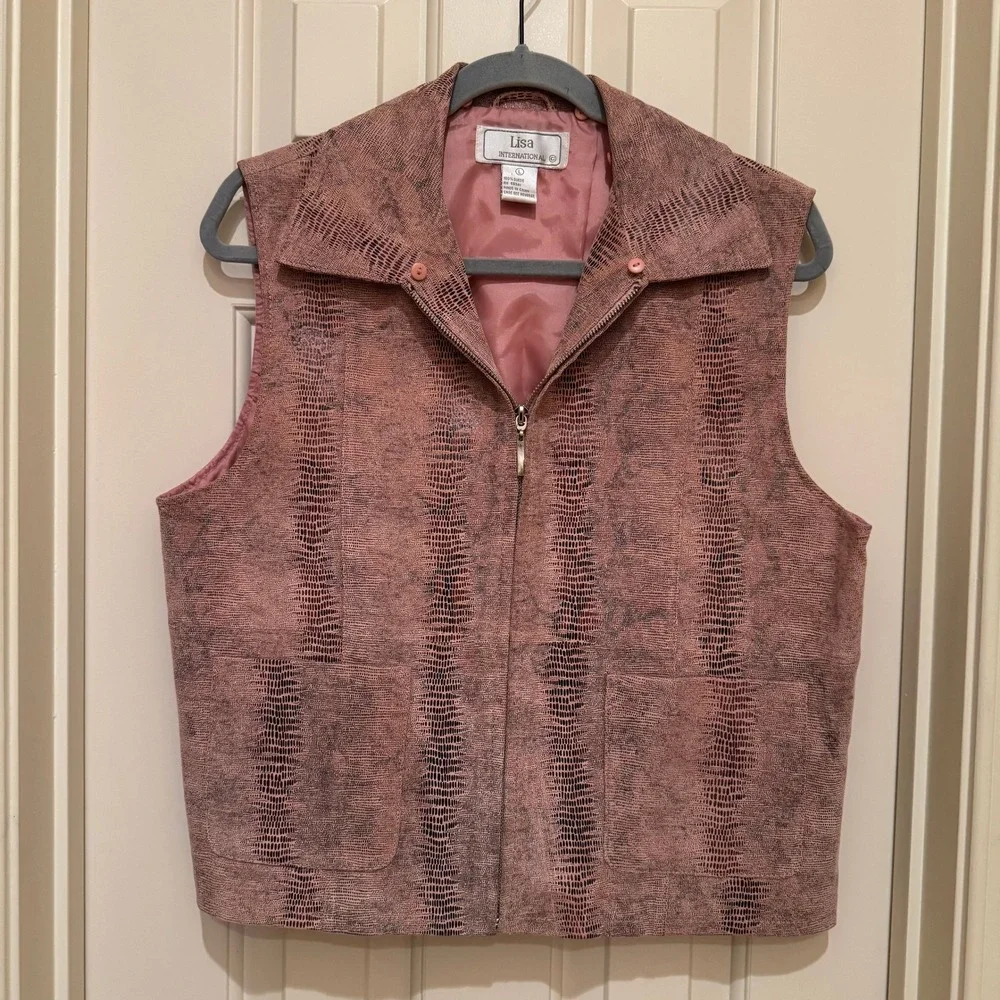 Pink Snakeskin Suede Zip Front Vest Womens Large Western Boho Leather Layering